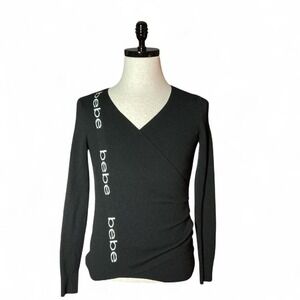 Y2K Bebe Black Ribbed Wrap V‎ Neck Long Sleeve Sweater Top